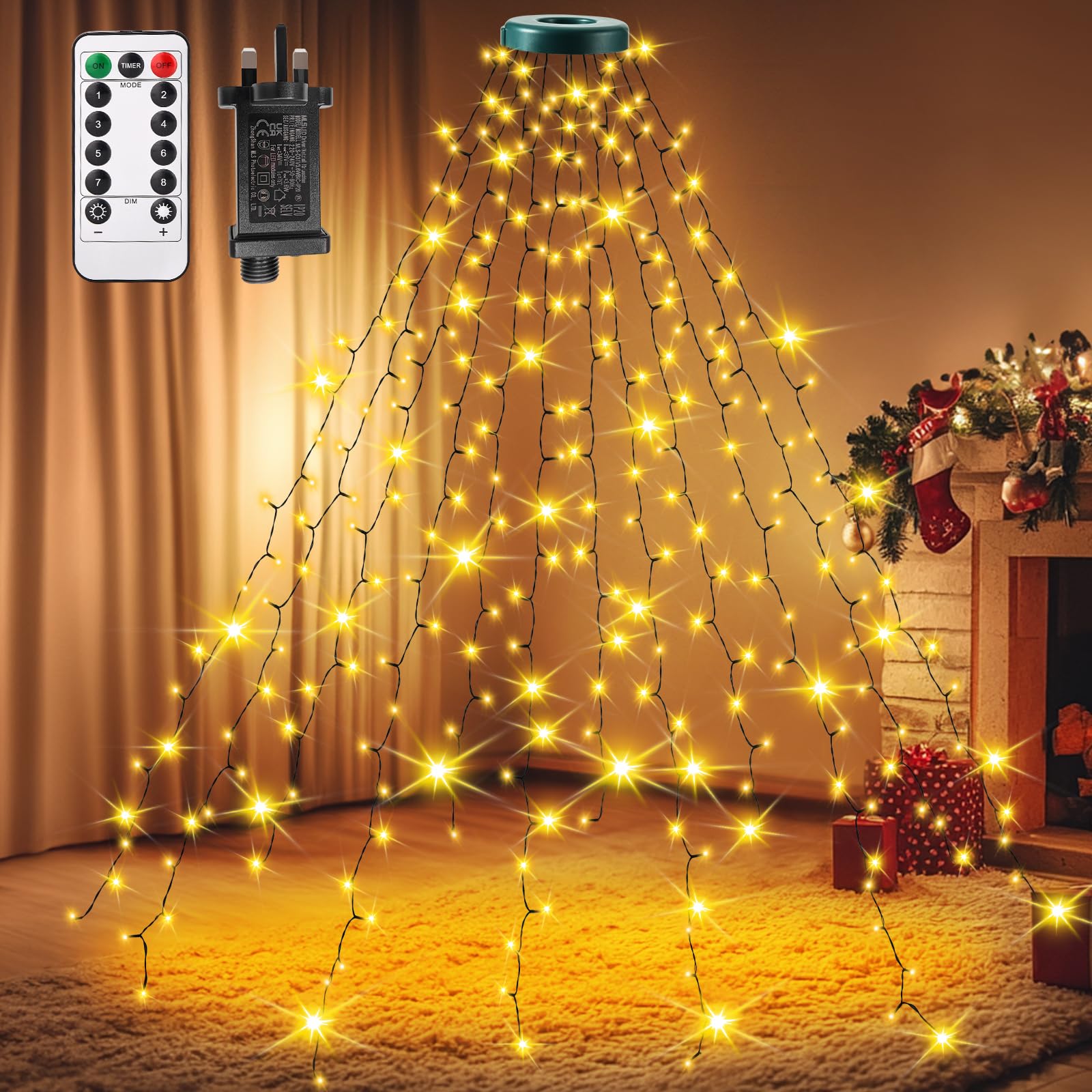 Auriostar Christmas Tree Lights Indoor - 300 LEDs 2.5mX12 Strands Outdoor Christmas Lights with 8 Modes/Remote/Timer, Waterproof Xmas Fairy Lights Easy to Install for 1-2.5M Tree (Warm white, 300LEDs)