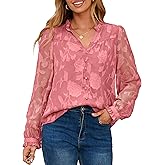 Simplee Womens Dressy Casual Blouses Long Sleeve V Neck Chiffon Burnout Shirts Loose Business Work Top Fall Outfits