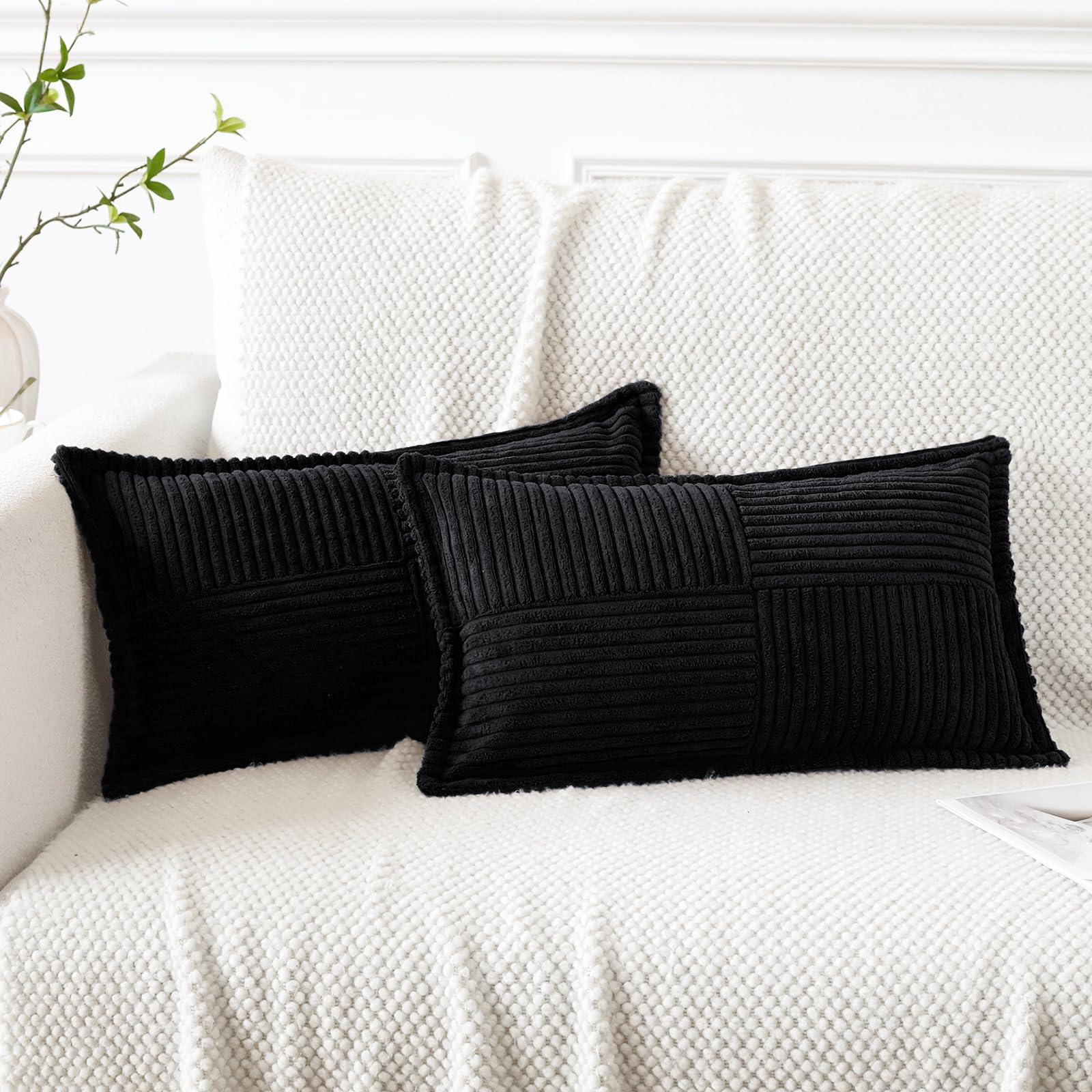 Artscope Corduroy Cushion Covers Pack of 2 Modern Patchwork Throw Pillow Covers Soft Pillowcase Broadside Decorative Textured Cushions for Home decor Sofa Bedroom Couch Black 30x50cm — image 1