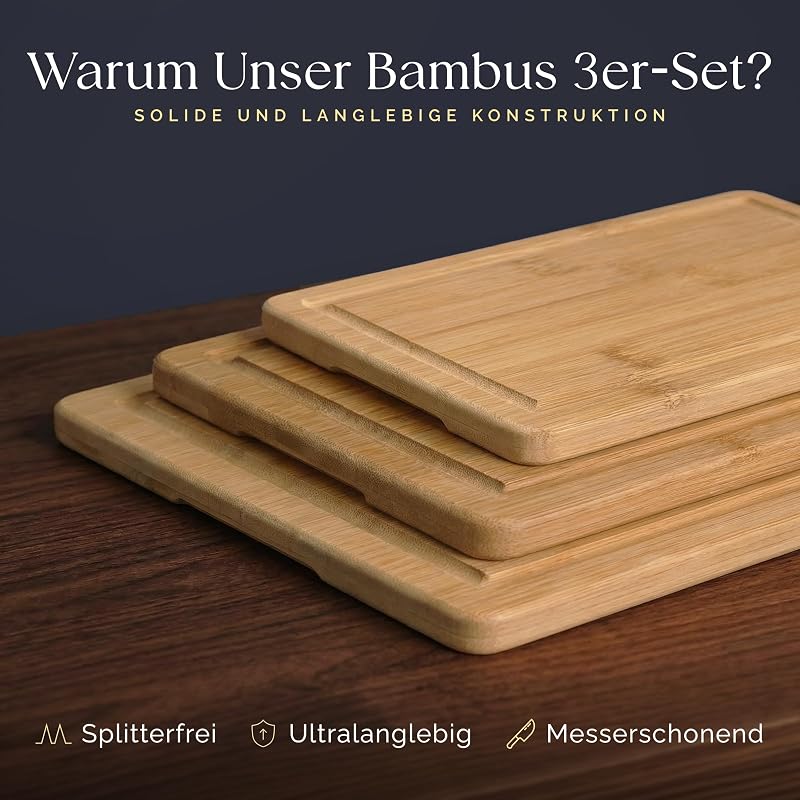 Schneidebrett Holz Bambus Set 3-teilig, vorgeölt mit Saftrille — Foto 4 von 8