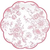 Elyxio 24 Pcs Pink Floral Party Plates Vintage Floral Leaf Disposable Paper Plates Wildflower Pink Toile 7" Small Scalloped Rim Dessert Plates for Valentines Birthday Bridal Tea Party Supplies