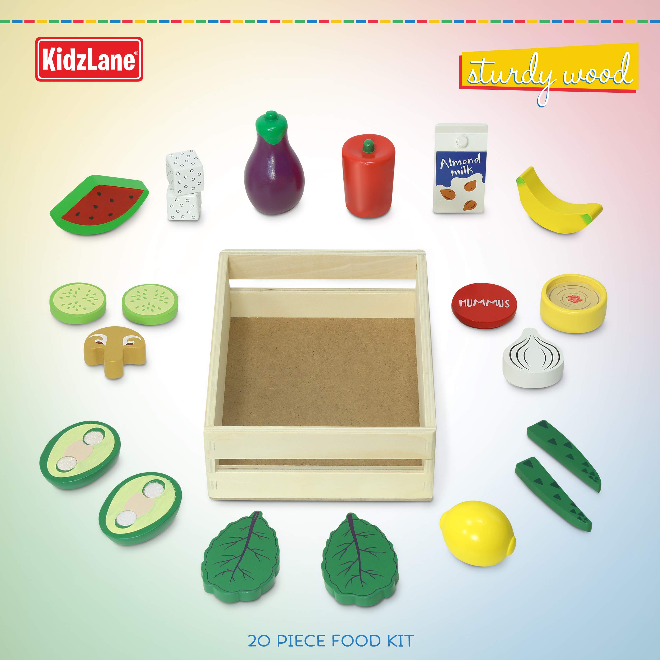 Kidzlane Wooden Vegan Toys with Wooden Crate | 20 Piece Wood Play Food Set for Kids Kitchen | Play Kitchen Accessories for Toddlers | Pretend Food Wood Toys | Ages 3+