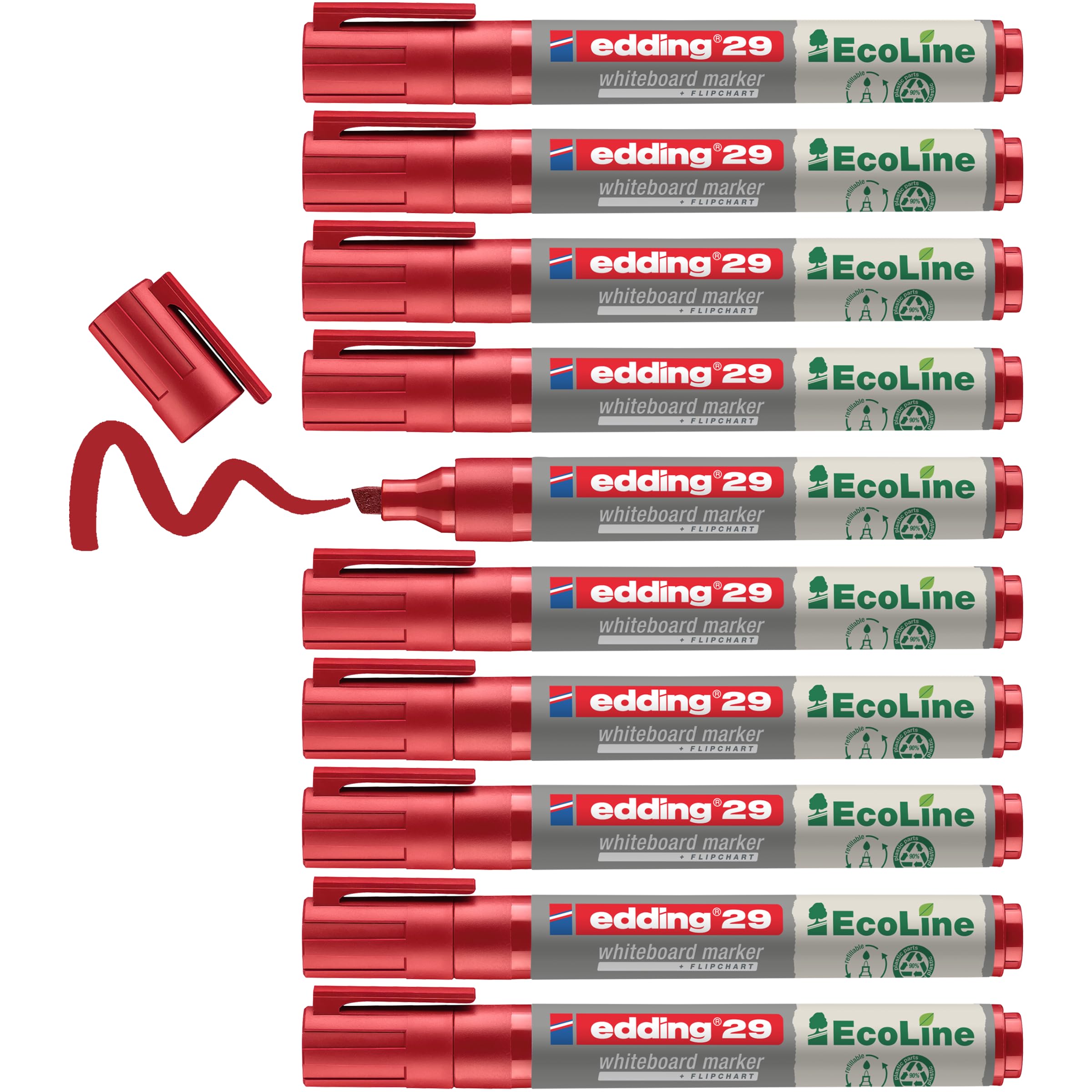 edding 29 Ecoline whiteboard marker - red - box of 10 whiteboard pens - chisel tip 1-5 mm - whiteboard pen dry wipe - for whiteboards, flipcharts, pinboards, memo boards - sketchnotes - refillable