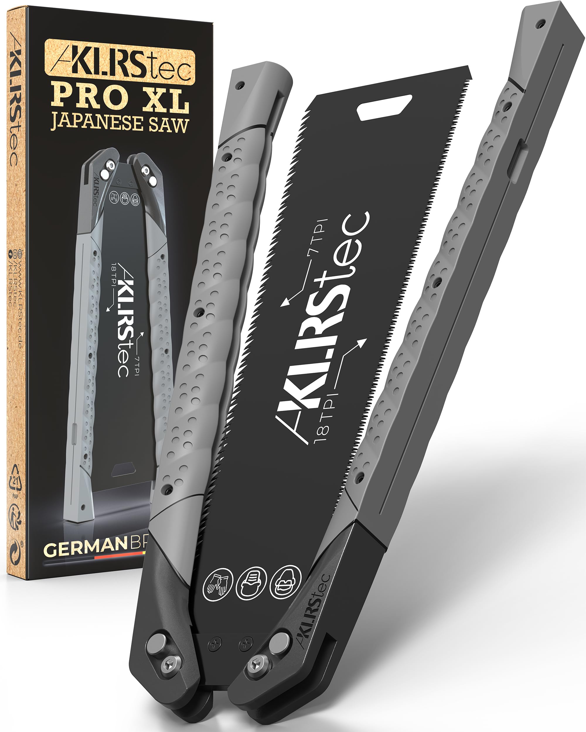 KLRStec PRO XL Japanese Saw - Double-Sided Serrated Saw Blade [240mm] Made of Carbon Steel - Folding Pull Saw with Non-Slip TPU Handle - Precise cuts for Wood & Plastic
