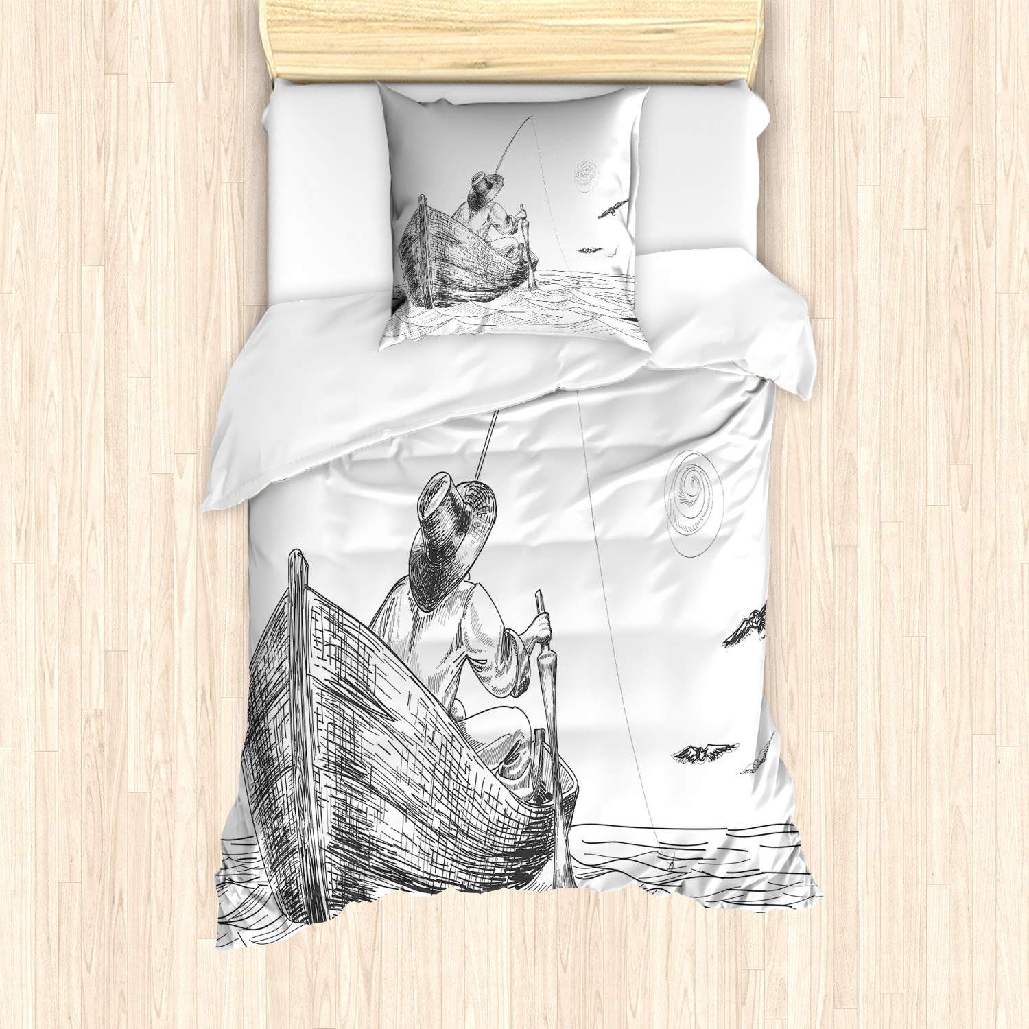 ABAKUHAUS Seagulls Duvet Cover Set, Fisherman with Hat in Boat on Sunny Day Pencil Sketch Styled Illustration, Bedding Set 2 Pieces with 1 Pillow Shams, 135 cm x 200 cm, White Grey — image 1