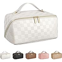 ALEXTINA Large Capacity Travel Cosmetic Bag - Portable Makeup Bags for Women Waterproof PU Leather Checkered Organizer Bag wi