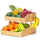 Gmtsl Bamboo Fruit Basket for Kitchen–2 Tier Fruit Bowl For Kitchen Counter, Large Fruit Holder With 2 Banana Hangers, Idea For Fruit and Vegetable Storage, Bread Basket, Snack Organizer(BAMBOO)