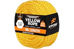 XPOSE SAFETY Yellow Twisted Polypropylene Rope, 1/4" Thickness x 50' Length Heavy Duty Poly Ropes for Outdoor and Marine Use, Yellow Rope for Visibility & Safety
