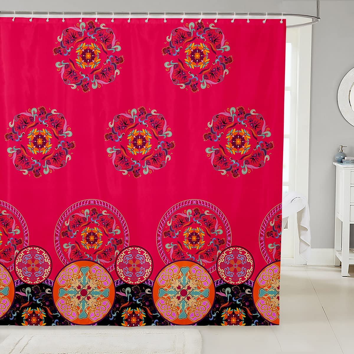 Mandala Shower Curtain Bohemian Red Fabric Shower Curtains for Kids Boys Girls Exotic Floral Bathroom Waterproof with 12 Hooks Boho Paisley Curtains,72x78 Inch