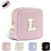 Playexen Small Initial Makeup Bag, Pink Corduroy Personalized Cosmetics Bag with Ring Buckle, Monogram Cute Travel Toiletry Pouch Purse for Birthday/Wedding/Party Gifts (Letter L)