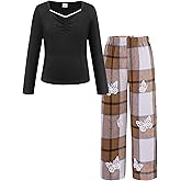 YOURUIKEY Girls' Clothing Set Lace V Neck Shirt Plaid Butterfly Pants Kids Fall Winter Outfit Cute Clothes for Girl Size 8-12