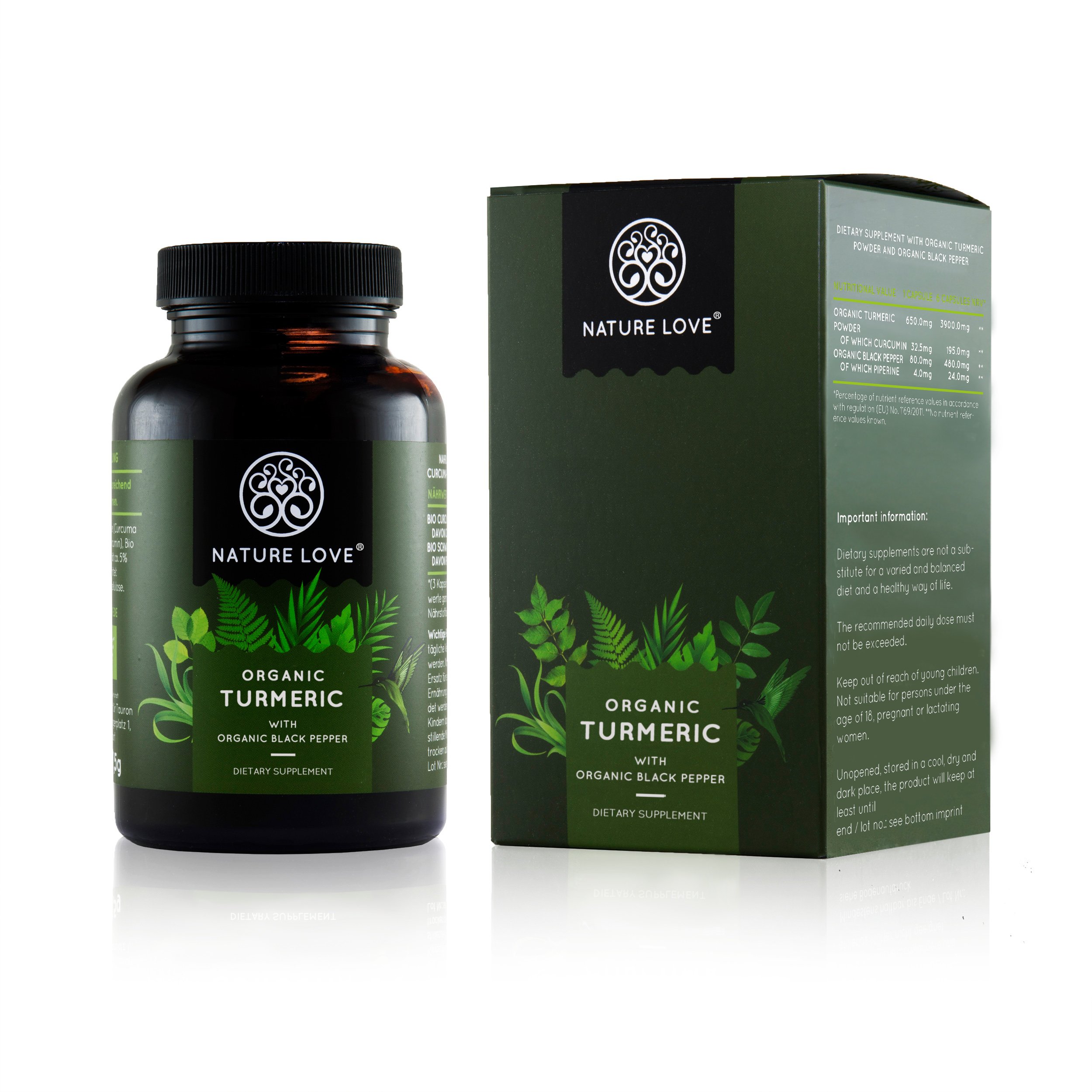 Organic Turmeric Capsules with Curcumin & Black Pepper 3900 mg per daily dose. 240 vegan curcuma capsules. Laboratory tested & certified organic quality. Without magnesium stearate. High strength, vegan, made in Germany