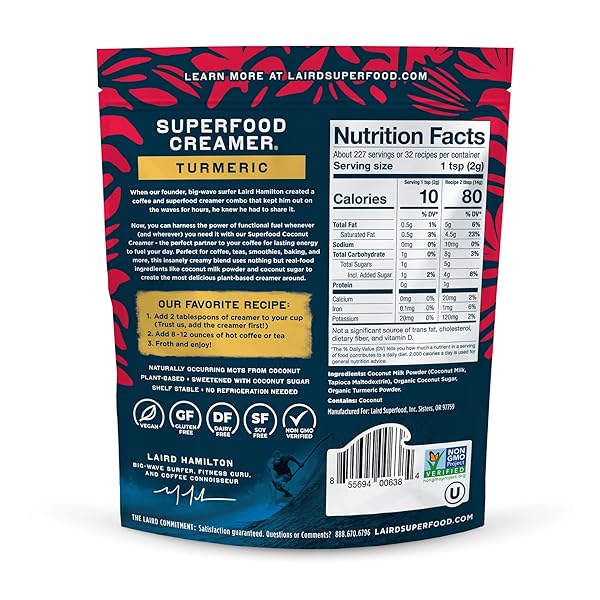 LAIRD SUPERFOOD NON-DAIRY ORIGINAL SUPERFOOD TURMERIC COCONUT POWDER COFFEE CREAMER, GLUTEN FREE, NON-GMO, VEGAN, 16 OZ. BAG, PACK OF 1