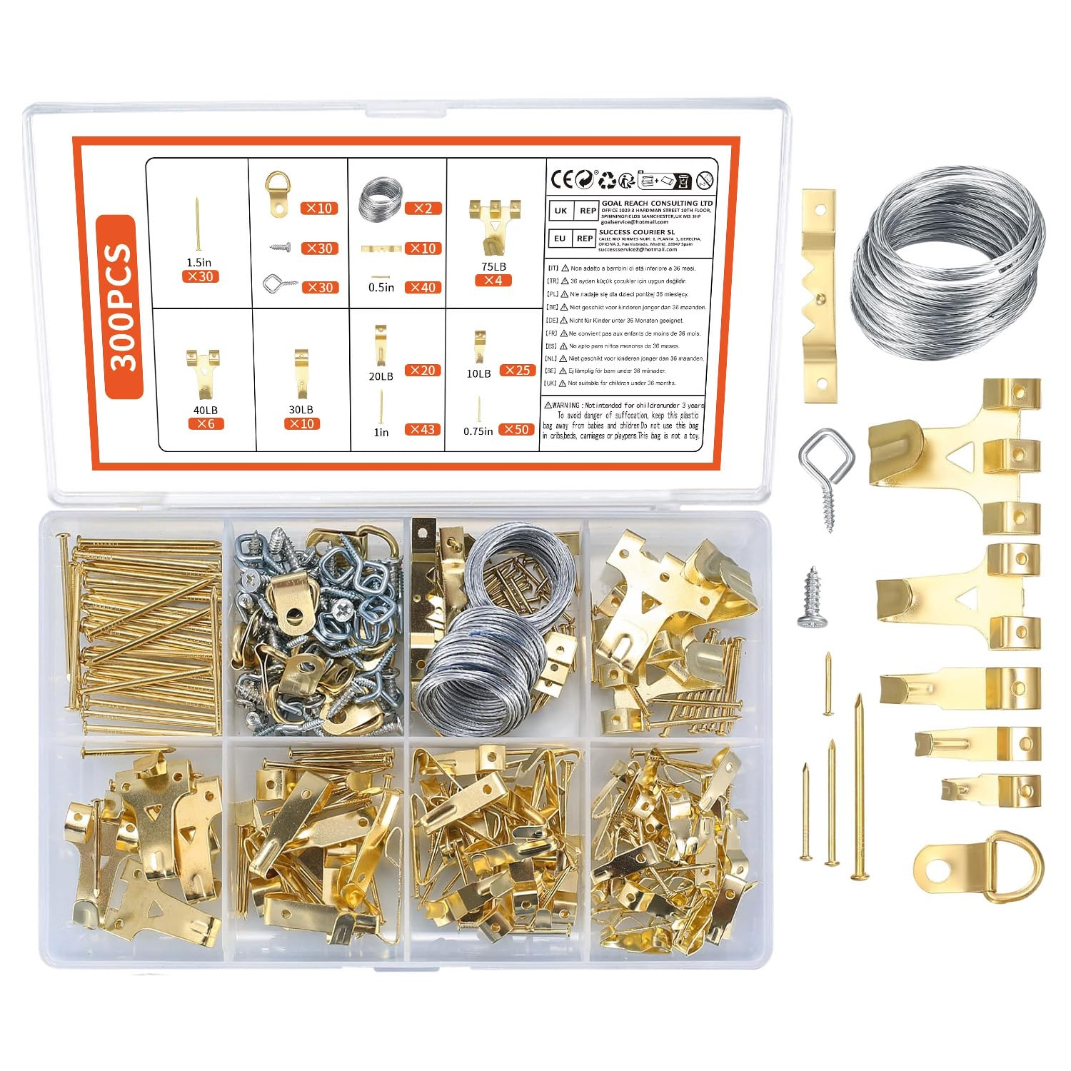 Picture Hanging Kit, 300 Pcs Picture Hooks for Hard Walls, Saw Tooth Picture Hangers, pPicture Rail Hooks and Wire, D Rings, Nails for Pictures Frames Photos Mirror Hanging Kit