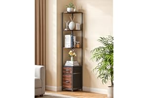 Housolution Corner Shelf Stand with Storage, 63.8'' Tall 6-Tier Corner Bookshelf Includes 2 Fabric Drawers, Freestanding Corners Storage Shelf for Living Room Bedroom Kitchen Bathroom (Black + Brown)