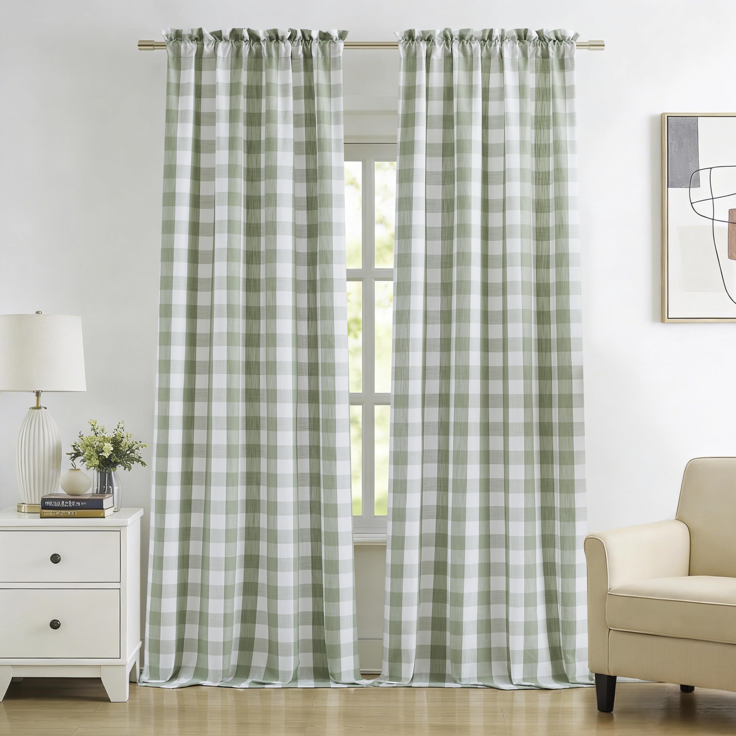 Bapawfish Sage Green Buffalo Plaid Semi Sheer Window Curtain Panels 84 Inches Long for Bedroom Living Room,Rustic Gingham Geo Pattern Drapes,Farmhouse Window Treatment,Rod Pocket,52"Wx84"L(Pack of 2)