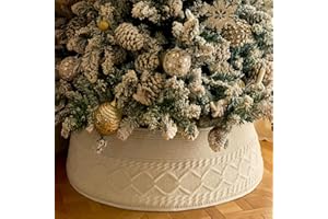 NOICLUB Christmas Tree Collar, Knit White Rustic Farmhouse Christmas Tree Skirt,Adjusted Christmas Tree Base Cover for Artificial Trees for 6ft 6.5 ft 7ft 7.5ft Tree