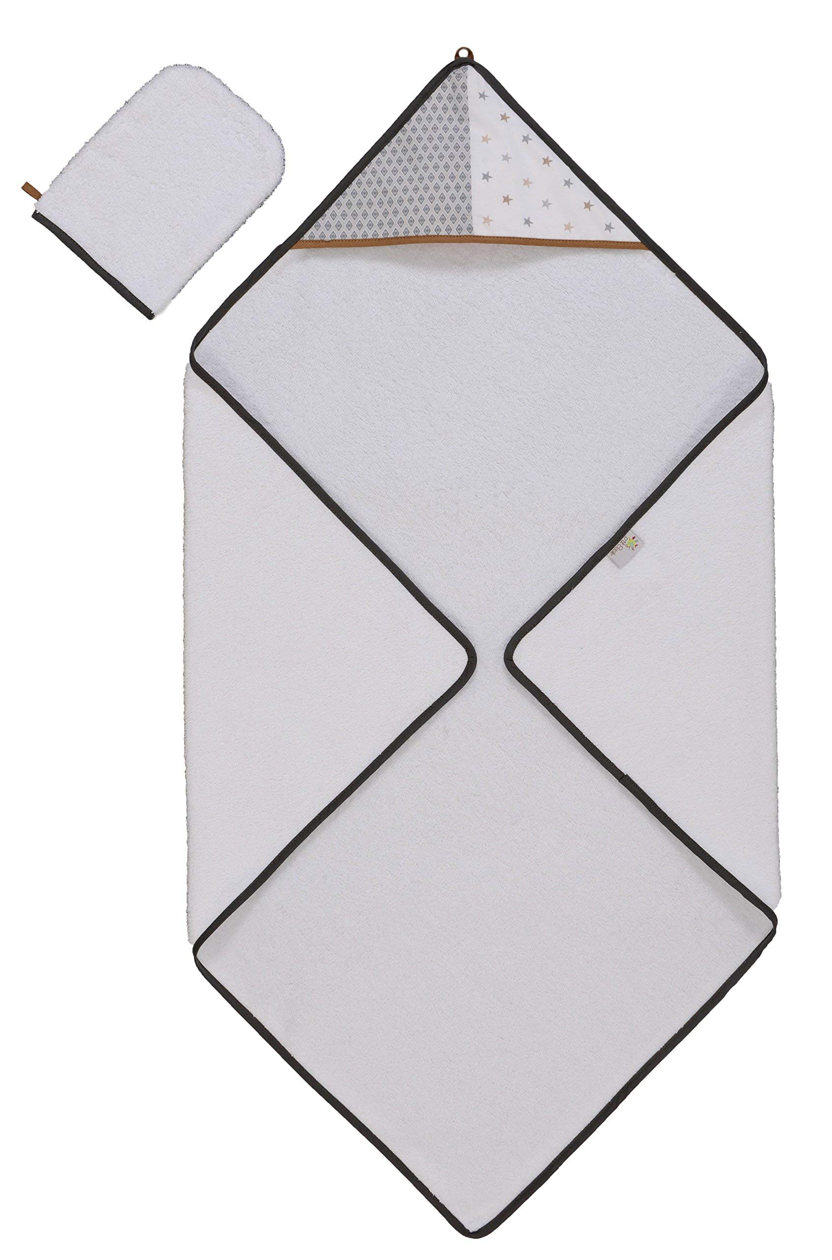 P'tit Basile - Organic Bath Towel with Hood and wash Glove - 80x80 cm - Organic Cotton Sponge - Unisex Collection Little Sweet Dreams