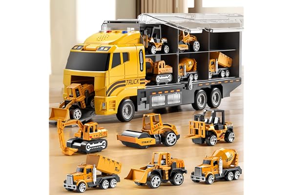 NIPLOOOW Kids Boys Construction Truck Vehicle Toy Set with Play Mat and Die-Cast Toy Car, Transport Carrier Truck for Kids 3-