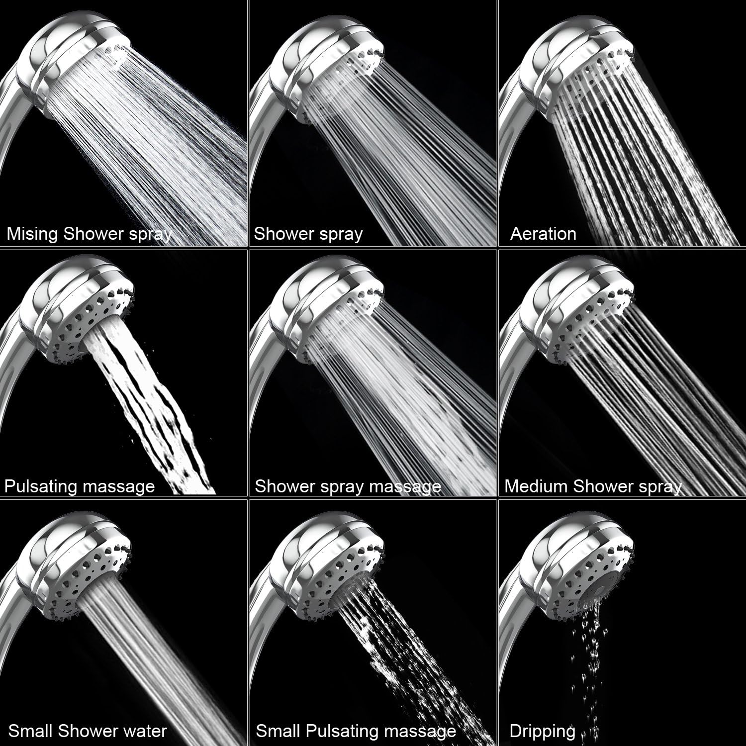 BATHWA High Pressure Handheld Shower Head, with Powerful Shower Spray, 9-Setting, with Adjustable Shower Mount and Stainless Steel Hose, Chrome, Round