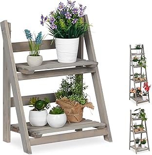 Relaxdays Blumentreppe, 2-stufig, Blumenleiter Holz, klappbar, Leiterregal für Pflanzen, HBT: 51,5 x 41 x 24 cm, grau