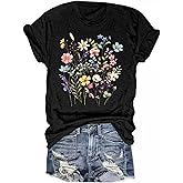 FAOUEOW Women's Boho Wildflower Graphic Loose Tees Vintage Floral Short Sleeve T-Shirts Summer Cotton Tee Tops