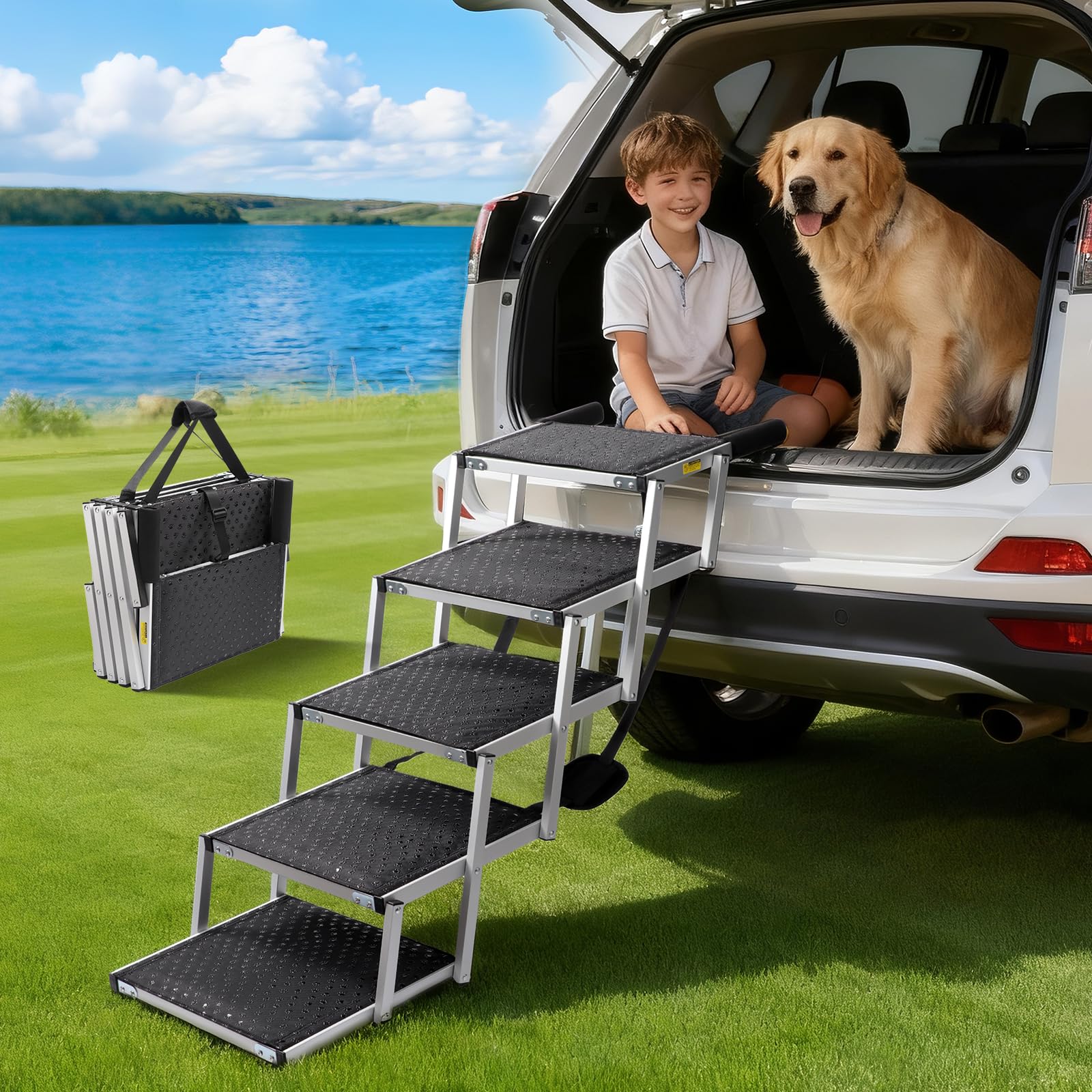 Photo 1 of Dog Car Ramp for Large Dogs SUV, 5 Step Folding Dog Stairs with Non- Slip Surface & Reinforced Design, Foldable Pet Stairs Support Up to 200lbs- Suitable for SUV, Truck, Sofas, Bed
