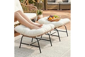 NICESOUL Indoor Outdoor Ottoman Set of 2, Large Wide Double Patio Footstool, PE Rattan Thicken Cushioned Footrest, All-Weather Wicker Furniture for Balcony, Porch, Living Room, Egg Chair, Beige