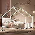 Bellemave Twin Size Montessori Floor Bed with RGB LED Light, Twin Size House Floor Bed with High Headboard and Footboard(Twin White)