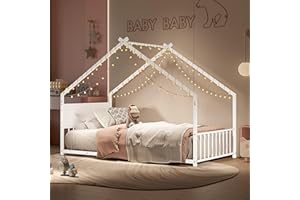 BELLEMAVE Twin Size Montessori Floor Bed with RGB LED Light, Twin Size House Floor Bed with High Headboard and Footboard, Twin Floor Bed with Slats, White