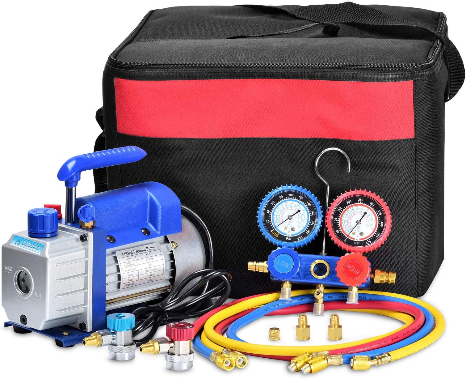GCSJ 3.5CFM 1-Stage Rotary Vane Vacuum Pump (3.5CFM,1/4HP) for HVAC/Auto AC Refrigerant Recharging, Degassing wine or epoxy, Milking cow or lamb, Medical etc.Refrigeration Kit AC Manifold Gauge Set