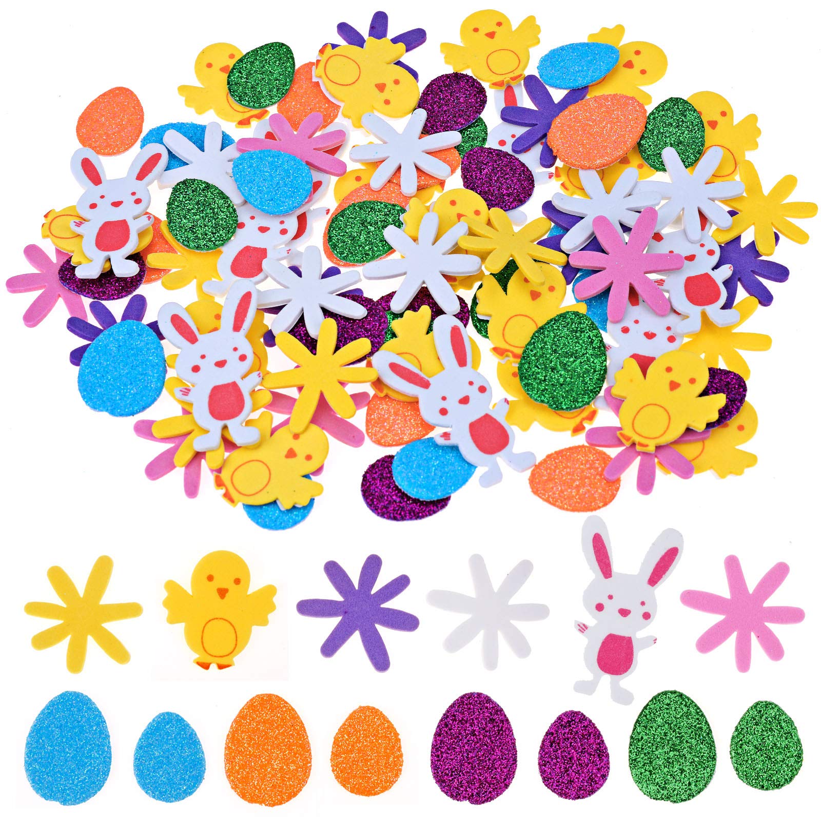 HOWAF 100pcs Glitter Easter Foam Stickers Self-Adhesive for Kids Children Easter Crafts DIY Scrapbooking Supplies Embellishment Decoration, Easter Egg Bunny Chick Shape Stickers