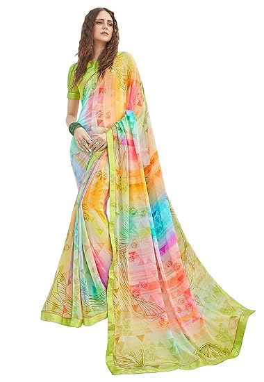 Womens Multi-Coloured Floral Print Georgette Saree With Satin Border And Blouse Materia_RKSCPC41809