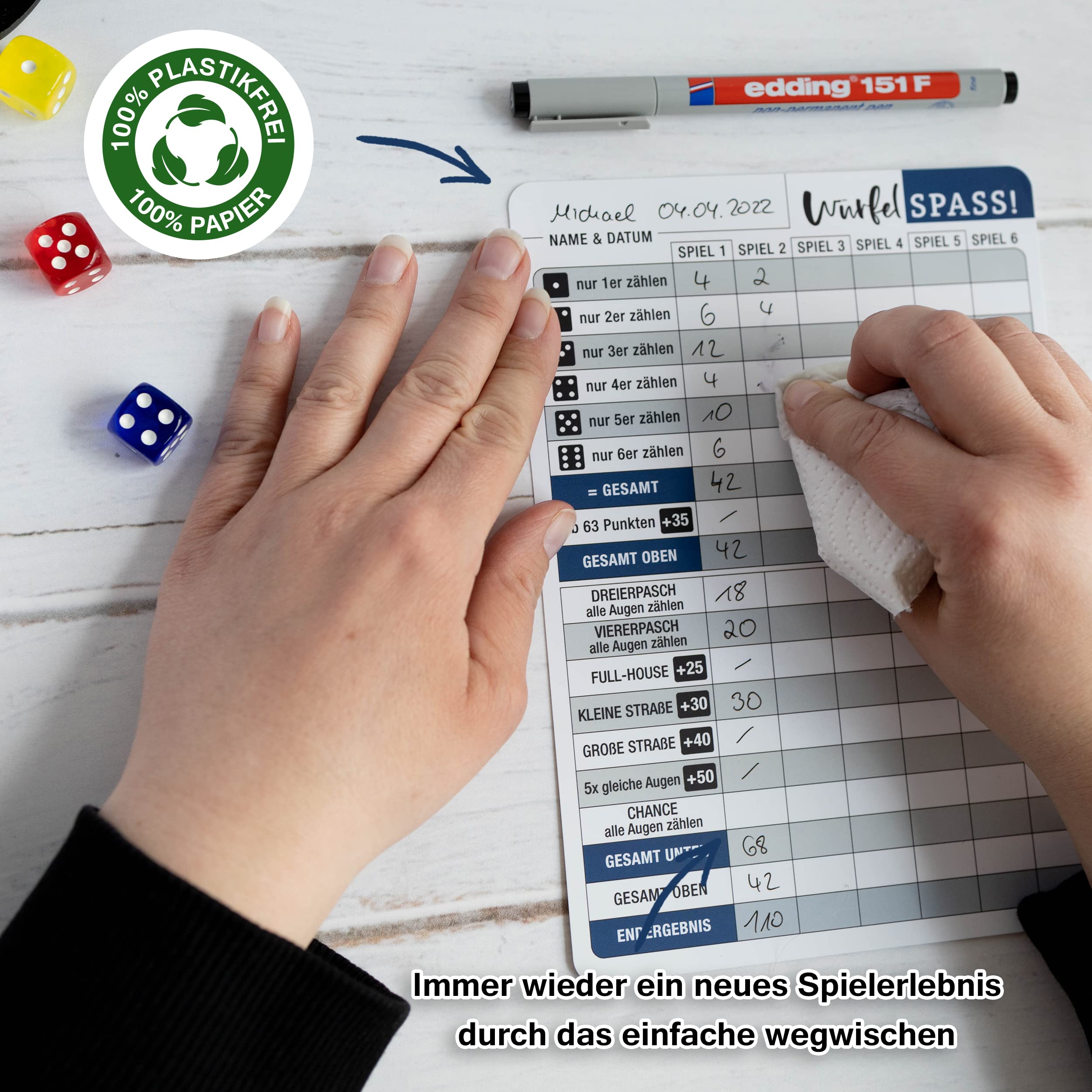 TOBJA Würfelspiel abwischbar inkl. Stifte - 5X DIN A5 Blätter wiederverwendbar mit 2 Stiften | Für Senioren Extra große Schrift/Zahlen | Reisespiele Seniorenspiele (5X abwischbar + Stifte) 3