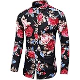 LEFTGU Men's Slim fit Floral Printed Beach Hawaiian Button-Down Dress Shirt