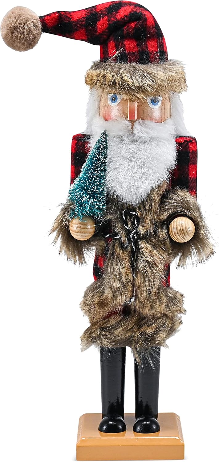 Nutcrackers - Ornativity Christmas Nostalgic Santa Nutcracker – Red and Black Wooden Nutcracker Man with Buffalo Plaid Coat with Brown Fur Holding a Xmas Tree Themed Holiday Nut Cracker Doll Figure Decorations