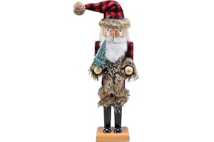 Ornativity Christmas Nostalgic Santa Nutcracker – Red and Black Wooden Nut Cracker Santa Clause Man with Buffalo Brown Fur Plaid Coat Holding a Xmas Tree Themed Holiday Doll Figure Decorations 15"