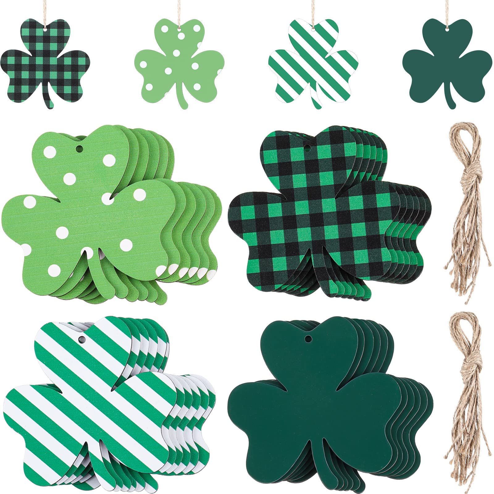 Photo 1 of 24 Pcs St Patricks Day Decorations Shamrocks Wooden Clover Ornament Shamrock Wooden Cutouts Hanging Ornament with Rope for St Patrick's Day Tree Table Decor(Simple Style)
