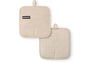 KITCHENAID Gourmet Series Gridlines Pot Holders 2-Pack Set, Heat Resistant up to 600°F, Soft Silicone Grip, Magnetic Cuff, Mi