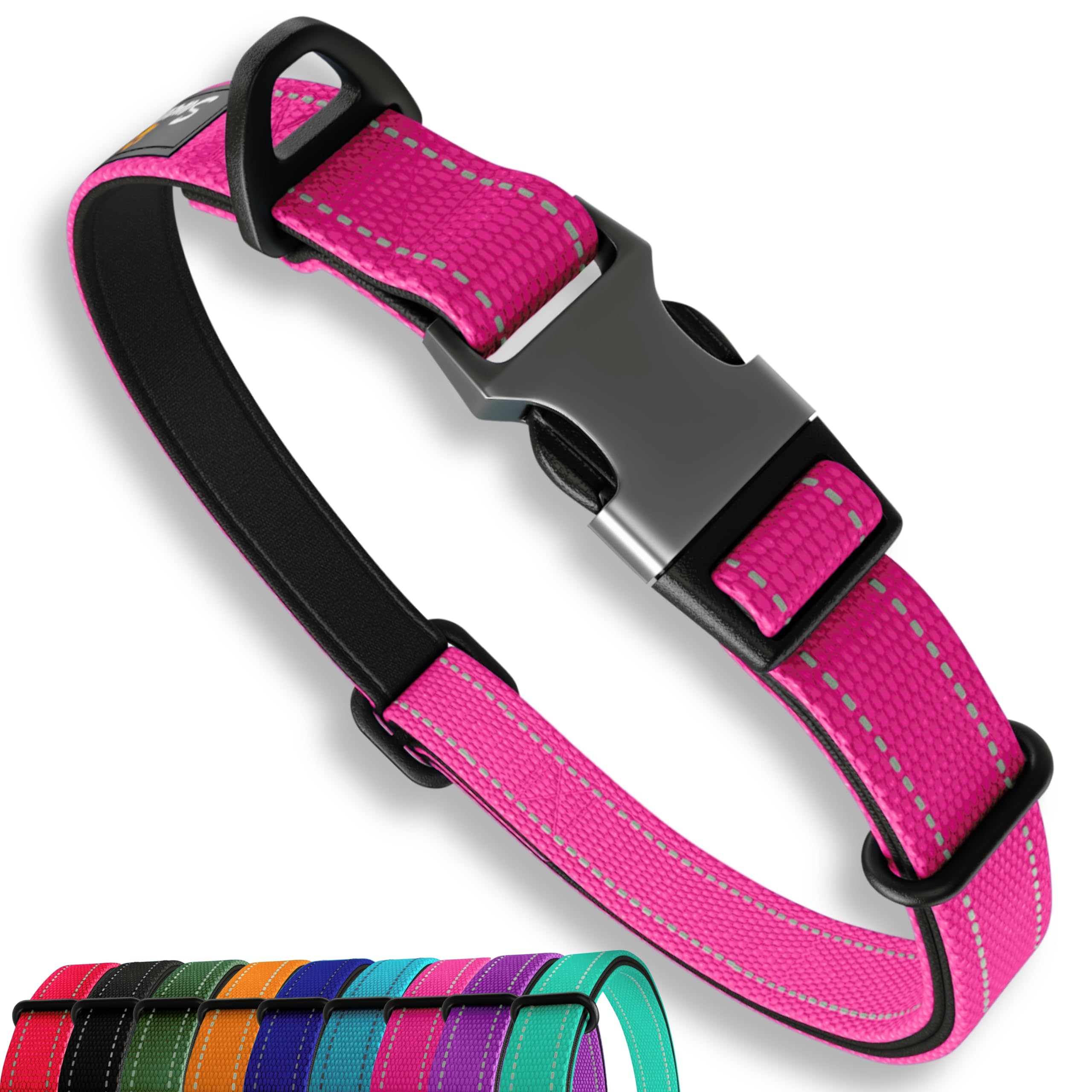 Pink Dog Collar Small Dogs – Strong Reflective Adjustable Padded Dogs Collars - Aluminium V-ring Dog Safety