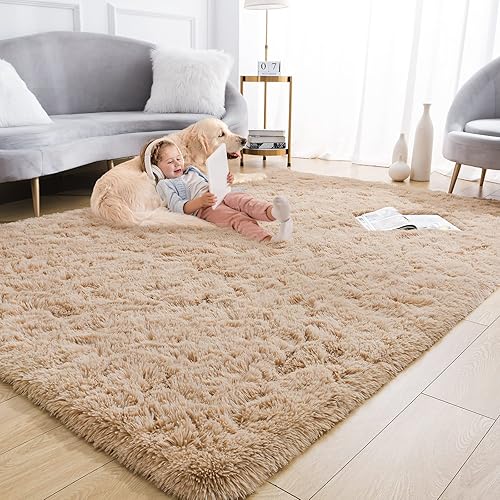 Rtizon Soft Shag Area Rug for Living Room, 5x8 Feet Fluffy Rugs with Non-Slip Bottom for Bedroom Bedside Dorm Nursery, Furry Shaggy Carpet for Indoor Kids Girls Home Decor, Beige