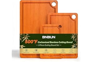 BNBUN Bamboo Cutting Board Collection 3 Piece with Juice Catch Groove Non Slip Base and Comfort Handles