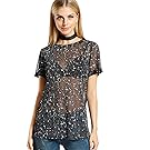 WDIRA Women's Glitter Sheer See Through Short Sleeve Mesh Top Tee Blouse