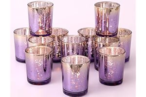 Volens Purple Votive Candle Holders Set of 12, Speckles Mercury Glass Tealight Candle Holder Bulk for Table Wedding Centerpiece, Purple and Gold Party Decorations & Home Decor