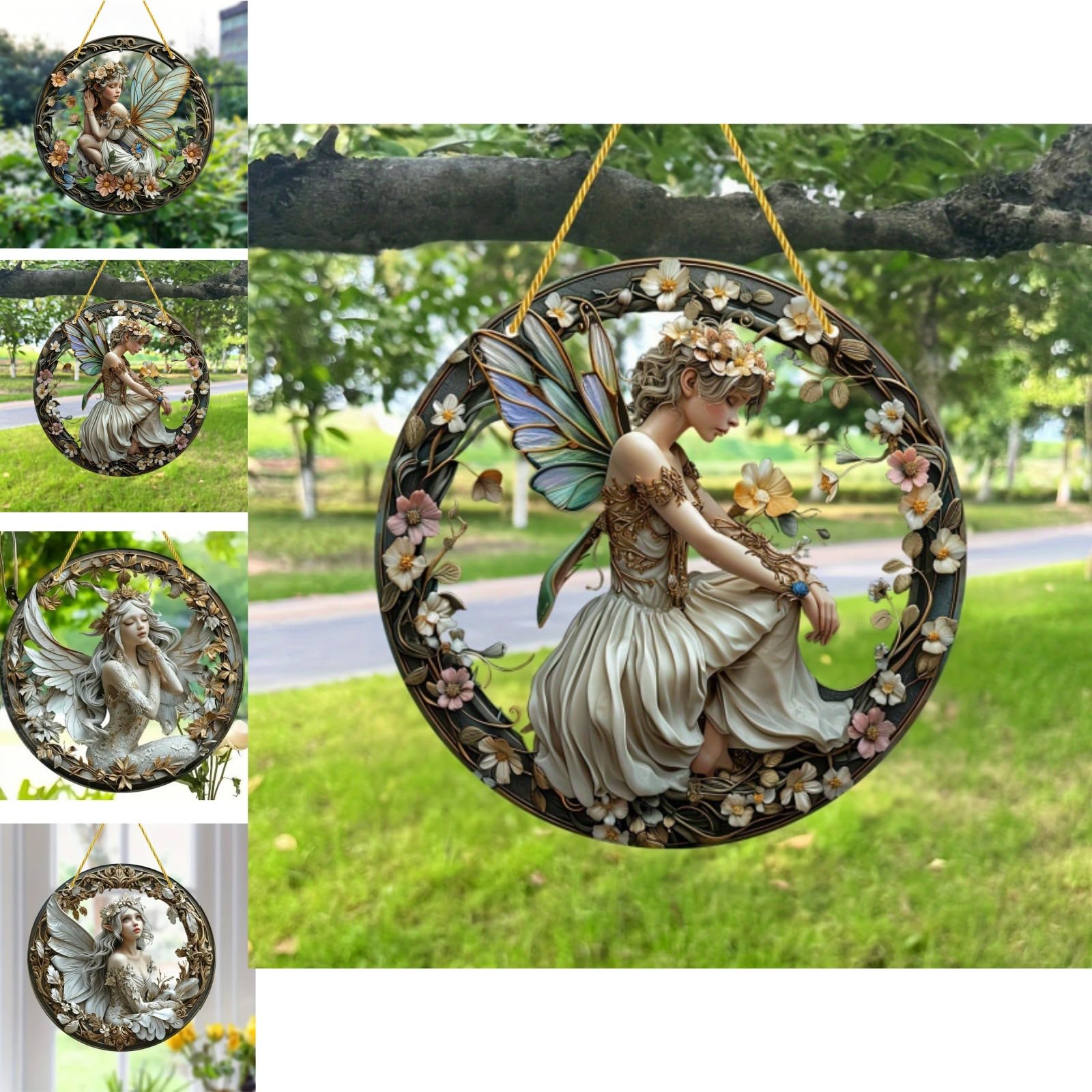 Photo 1 of VTYFRY Flower Fairy Garden Decorations Angel Wing Christmas Halloween Deco Statue Art Elf Sculpture Hanging Craft for Outdoor Yard Courtyard Lawn Patio Window Acrylic Ornament Home Gift (B,S: 6*6 IN)