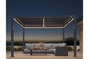 PURPLE LEAF Solar Louvered Pergola 92KS 10' x 12' with LED String Lights and Control Panel Aluminum Outdoor Pergola with Adjustable Roof for Patio Deck Garden Yard Gray