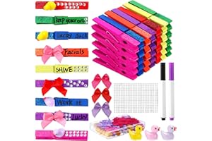 Dingion 60 Set Cheer Pins Decorations Include 60 Cheer Clothes Pins 30 Mini Resin Ducks 30 Mini Bows and Self Adhesive Stickers Pen Glue Ribbon for Cheerleading Team Backpacks Cheer Gifts(Multicolor)