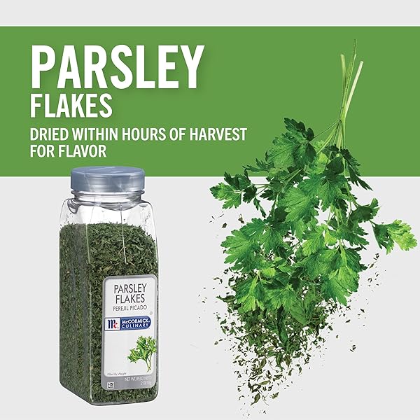 MCCORMICK CULINARY PARSLEY FLAKES, 2 OZ – ONE 2 OUNCE CONTAINER OF DRIED PARSLEY FLAKES FOR VEGETABLE-LIKE TASTE, IDEAL FOR FLAVORING CHICKEN SALADS, FISH AND MORE