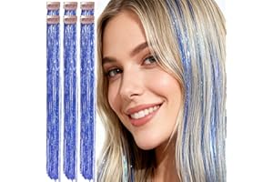 CelineBella Clip In Tinsel Hair Blue Sparkly Hair Strands for Girls 24 Inch 80 Strands/Pcs Heat Resistant for Party Festival Gift