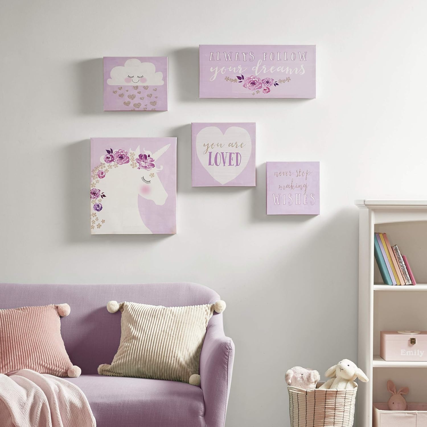 MI ZONE Lavender Dream Inspirational Wall Art Children Room Décor-A Unicorn, Flowers, Cloud, Glitter Canvas Home Accent Nursery Decoration, Ready to Hang Painting for Kids Bedroom, 22" x 10", 5 Piece: Posters & Prints